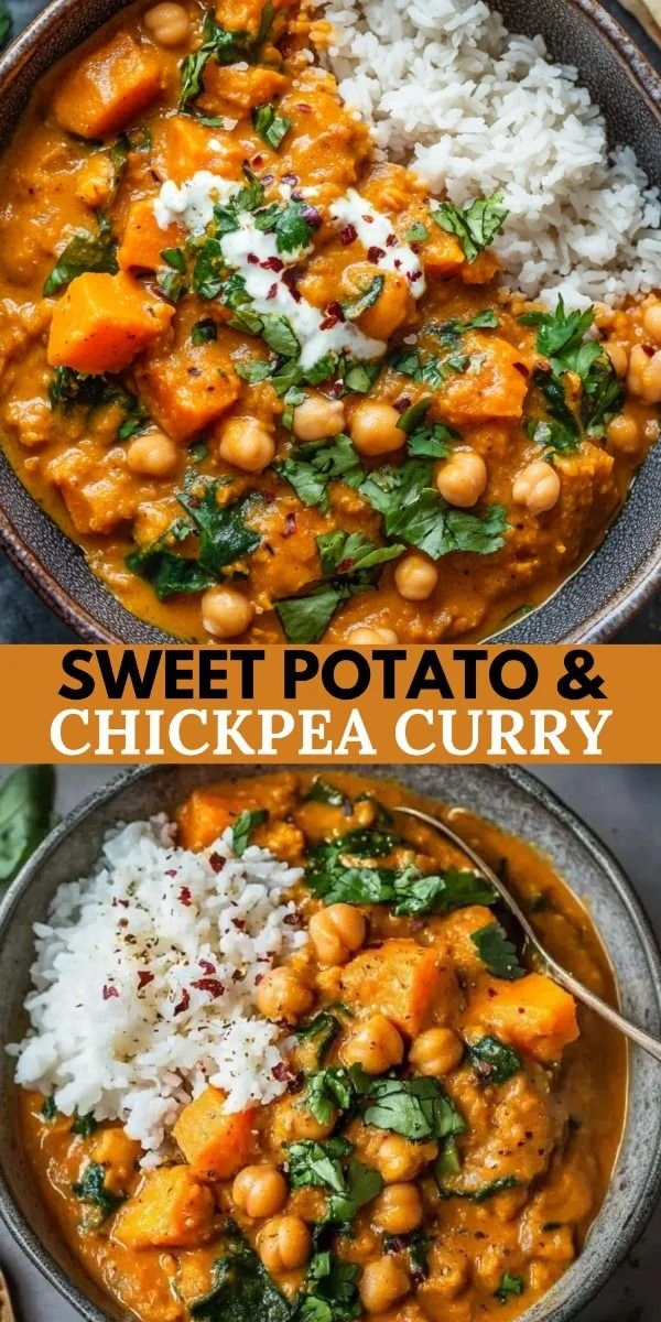 Bowl of sweet potato and chickpea curry garnished with fresh herbs