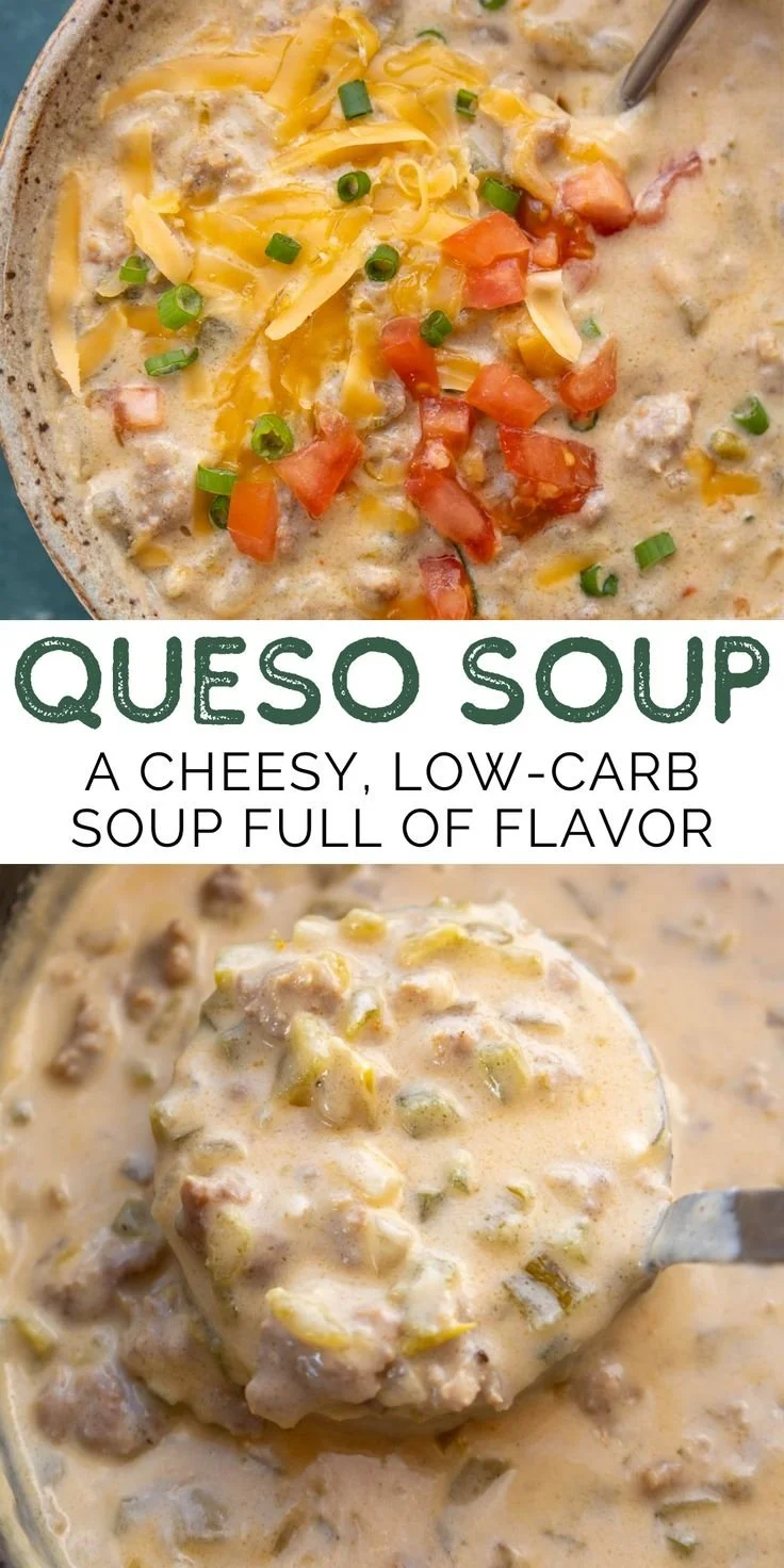 Delicious bowl of queso soup topped with cheese and herbs