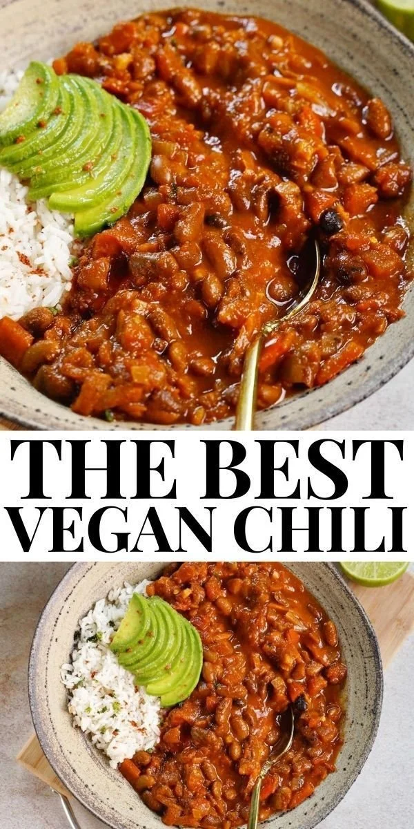 Bowl of the best vegan chili topped with fresh herbs