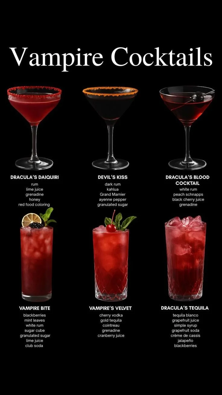 Vampire Cocktail in a spooky glass with red drink and Halloween decorations