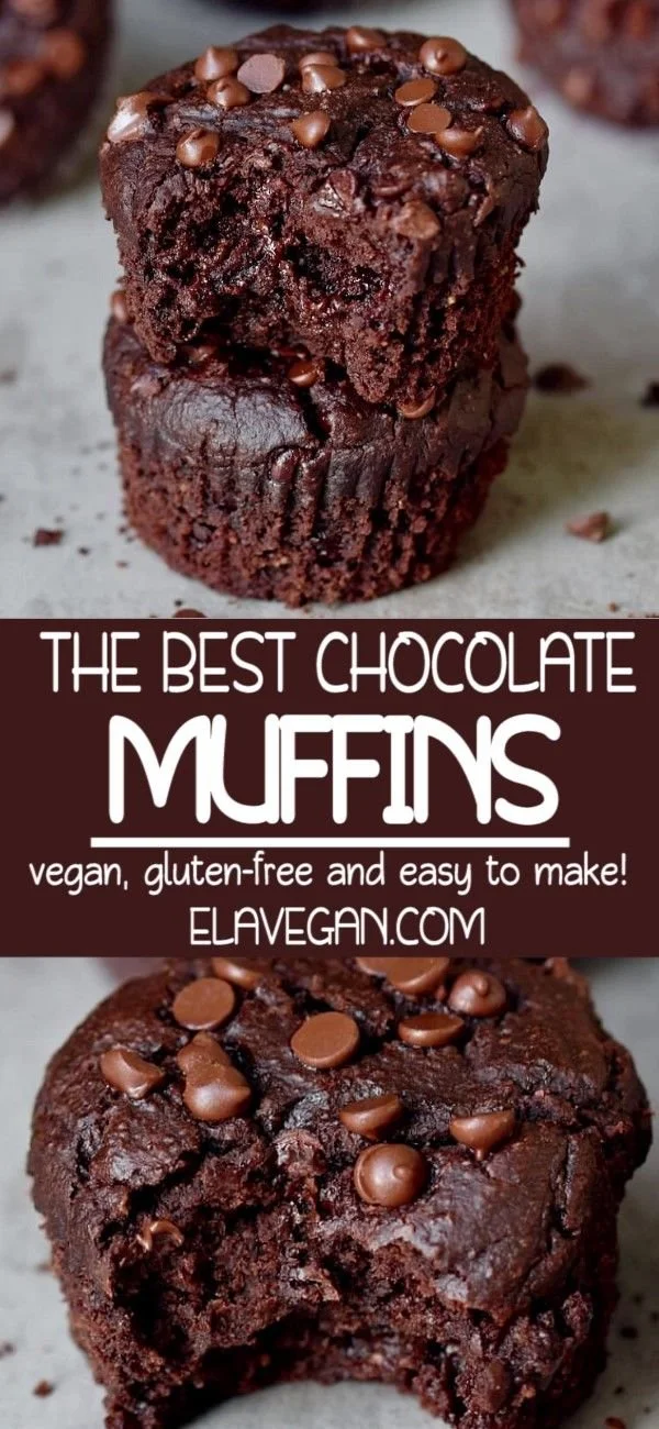 Delicious vegan chocolate muffins on a rustic wooden table with chocolate chips.