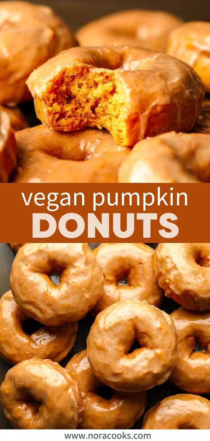 Vegan pumpkin donuts topped with cinnamon and sugar on a wooden table