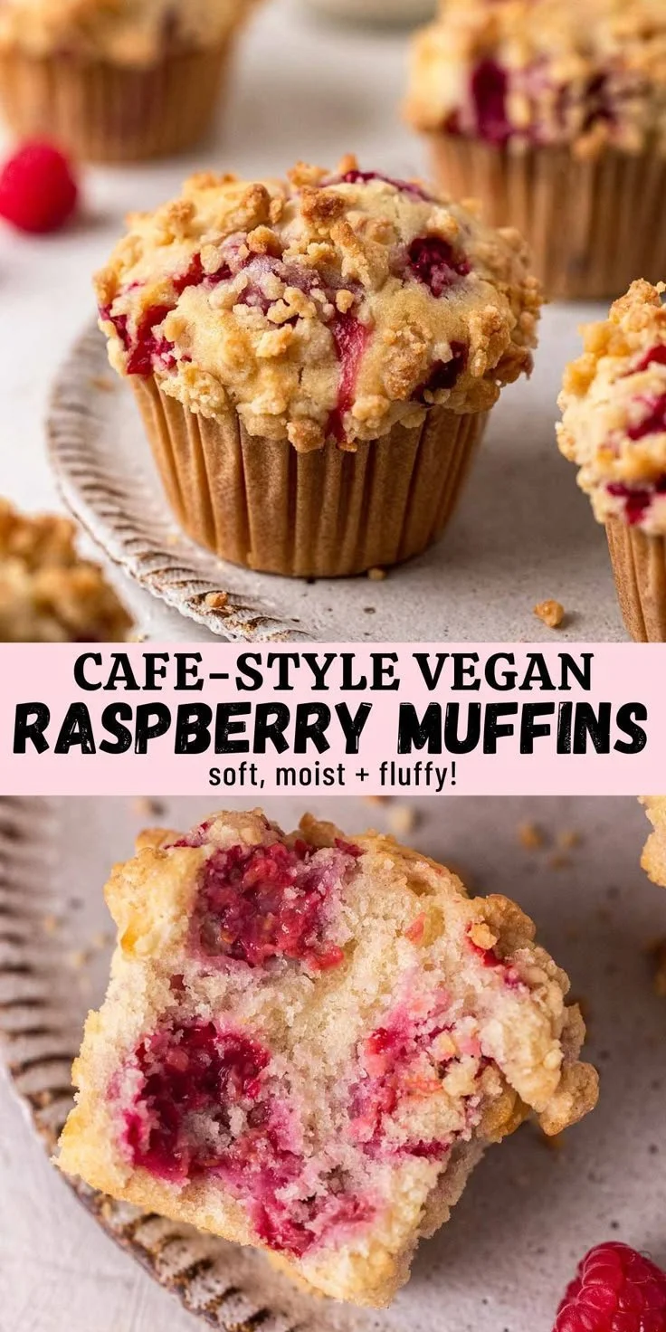 Freshly baked vegan raspberry muffins on a wooden table