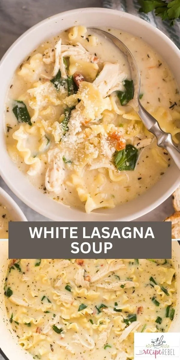 Creamy white lasagna soup in a bowl with herbs and cheese garnish